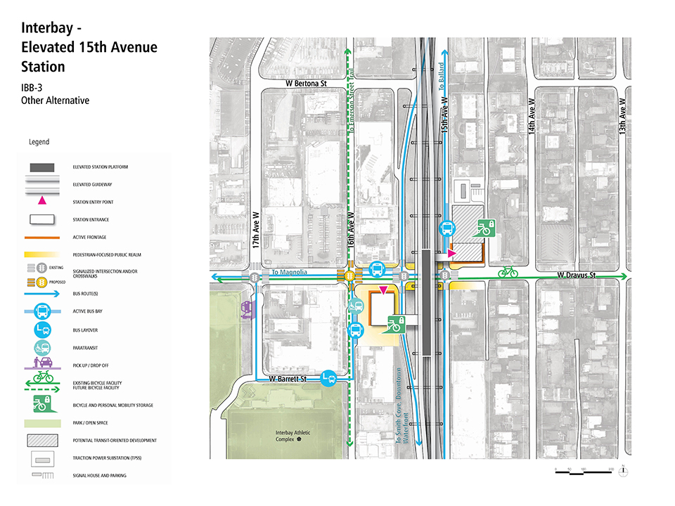 A map that describes how pedestrians, bus riders, bicyclists, and drivers could access the Interbay - Elevated Fifteenth Avenue Station.